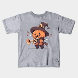 Jack-O-Lantern Playing Halloween Trumpet. Spooky Cute Mariachi Monster. Kids T-Shirt